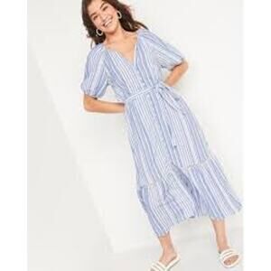 Dobby-Stripe Tie-Belt Shirt Dress Womens Size L Puff Short Sleeve Summer Dress